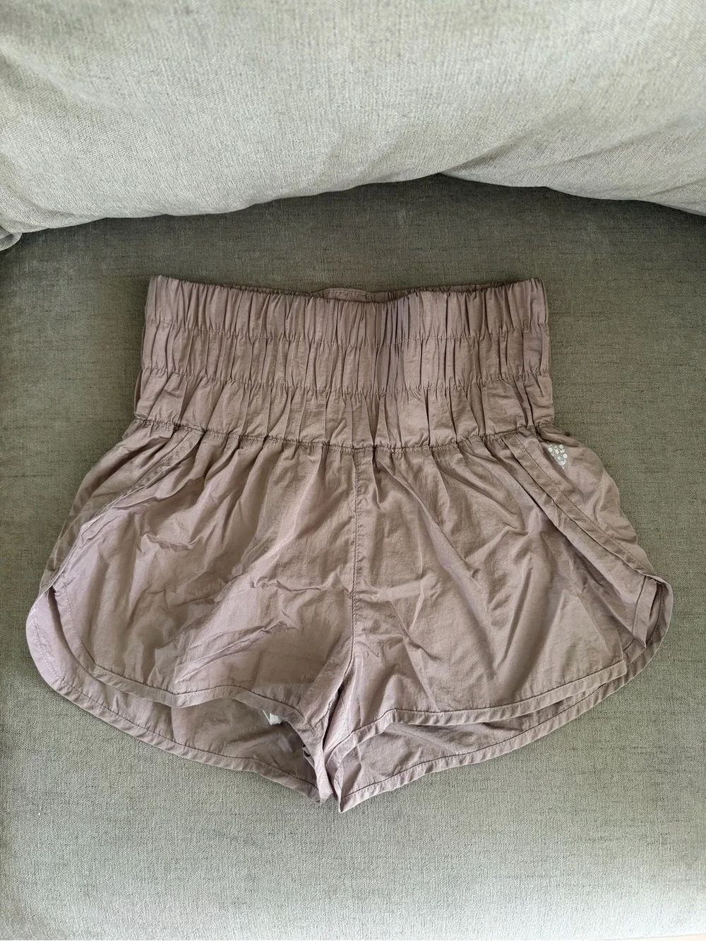 Free People High-Waist Smocked Athletic Shorts — Mauve